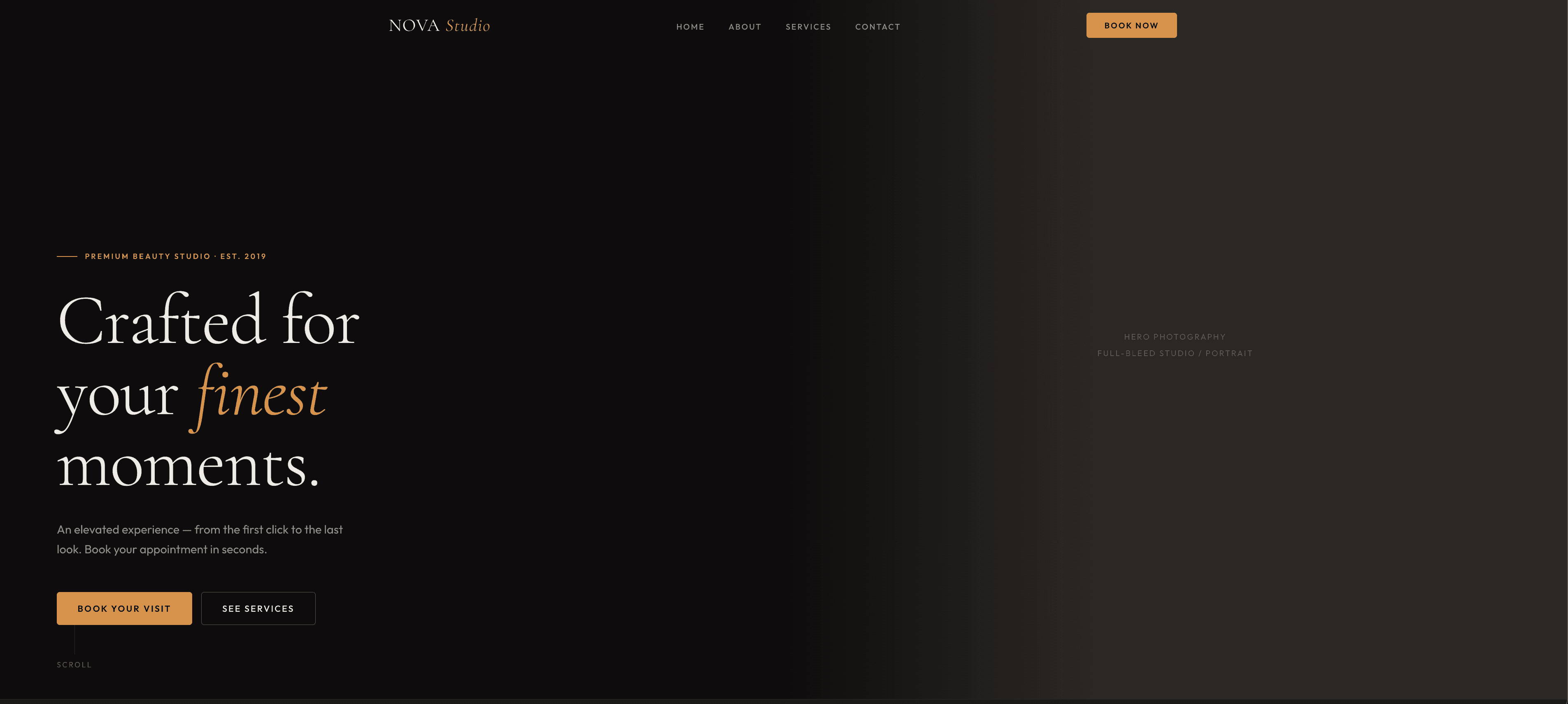 NOVA Studio template — dark editorial hair salon